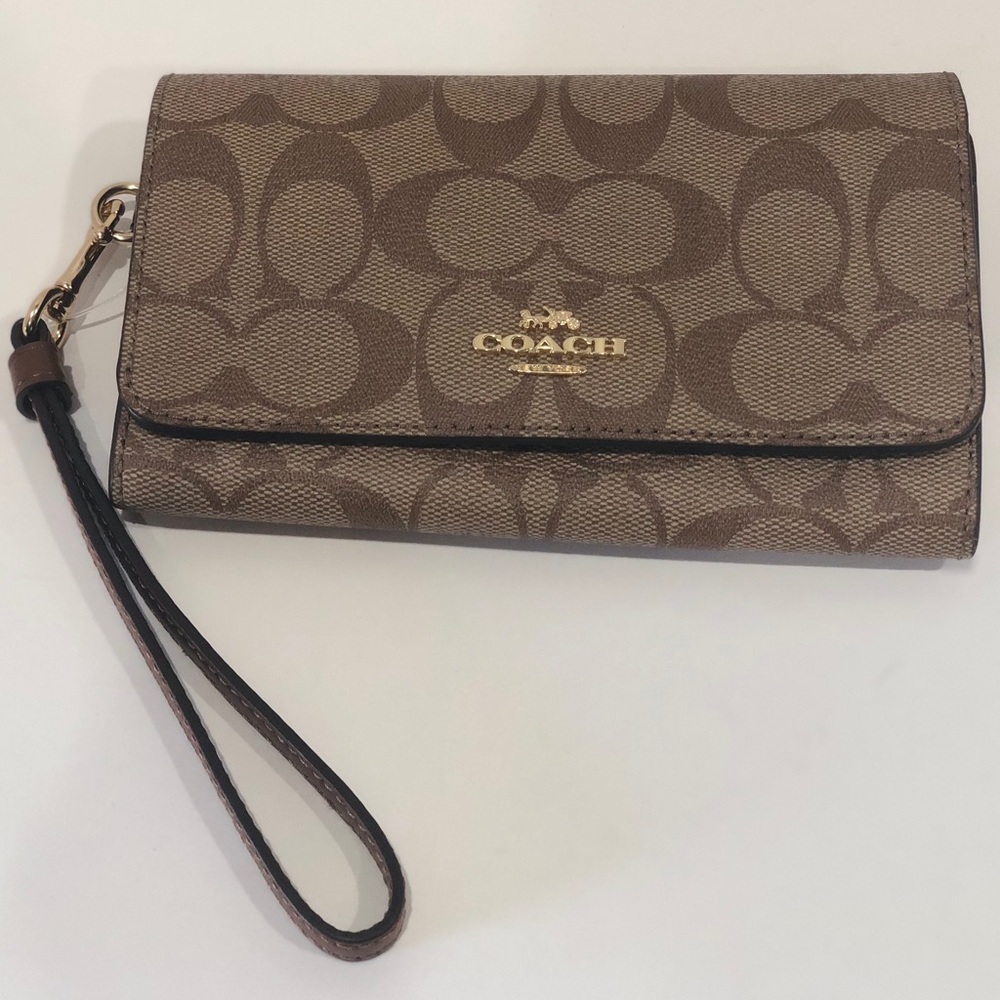 NWT COACH Phone Wallet Wristlet Signature C Khaki